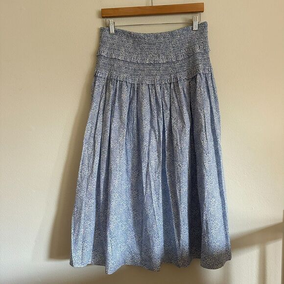 J.Crew Liberty Blue White Floral Smocked Midi Skirt L Cottagecore Boho Coastal - Picture 4 of 14